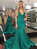 Vestidos de noche formales de fiesta, largos, brillantes, estilo sirena, con escote en V, espalda descubierta y cola.