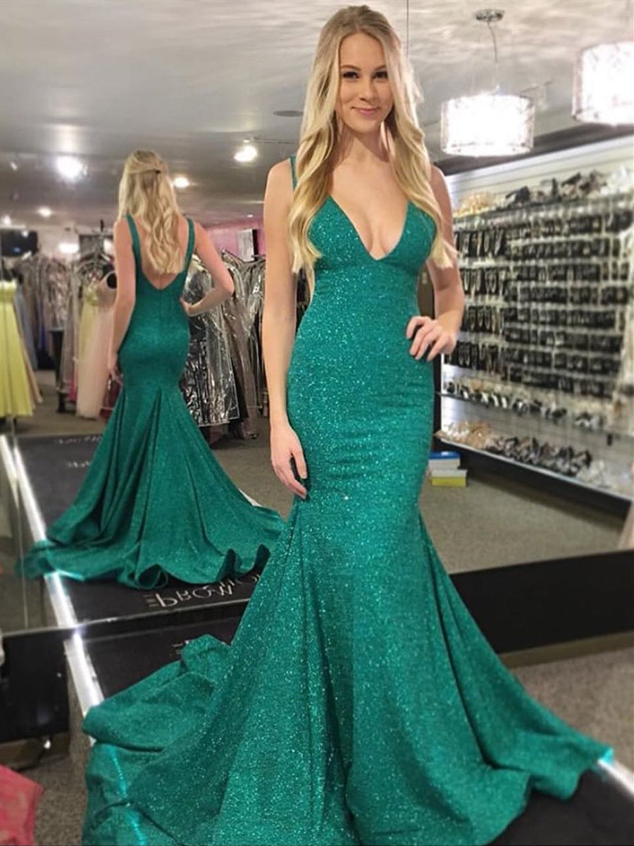 Vestidos de noche formales de fiesta, largos, brillantes, estilo sirena, con escote en V, espalda descubierta y cola.