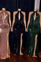 Shiny Sequins Halter Keyhole Neckline Front Slit Mermaid Prom Gowns