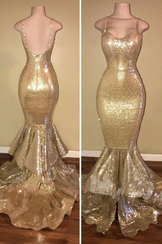 Robe de bal dorée sirène à sequins brillants, bretelles spaghetti et traîne superposées