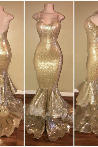 Robe de bal dorée sirène à sequins brillants, bretelles spaghetti et traîne superposées