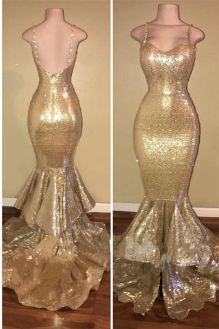 Robe de bal dorée sirène à sequins brillants, bretelles spaghetti et traîne superposées