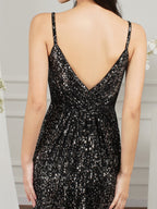 Vestido de dama de honor/baile de sirena con tirantes finos, escote en V y lentejuelas brillantes hasta el suelo.