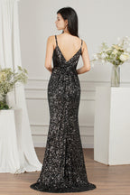 Vestido de dama de honor/baile de sirena con tirantes finos, escote en V y lentejuelas brillantes hasta el suelo.