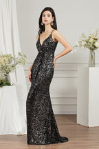 Vestido de dama de honor/baile de sirena con tirantes finos, escote en V y lentejuelas brillantes hasta el suelo.
