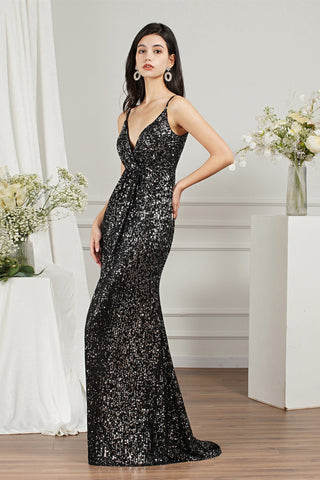 Shiny Sequins Spaghetti Straps V-neck Floor-length Mermaid Bridesmaid/Prom Dress