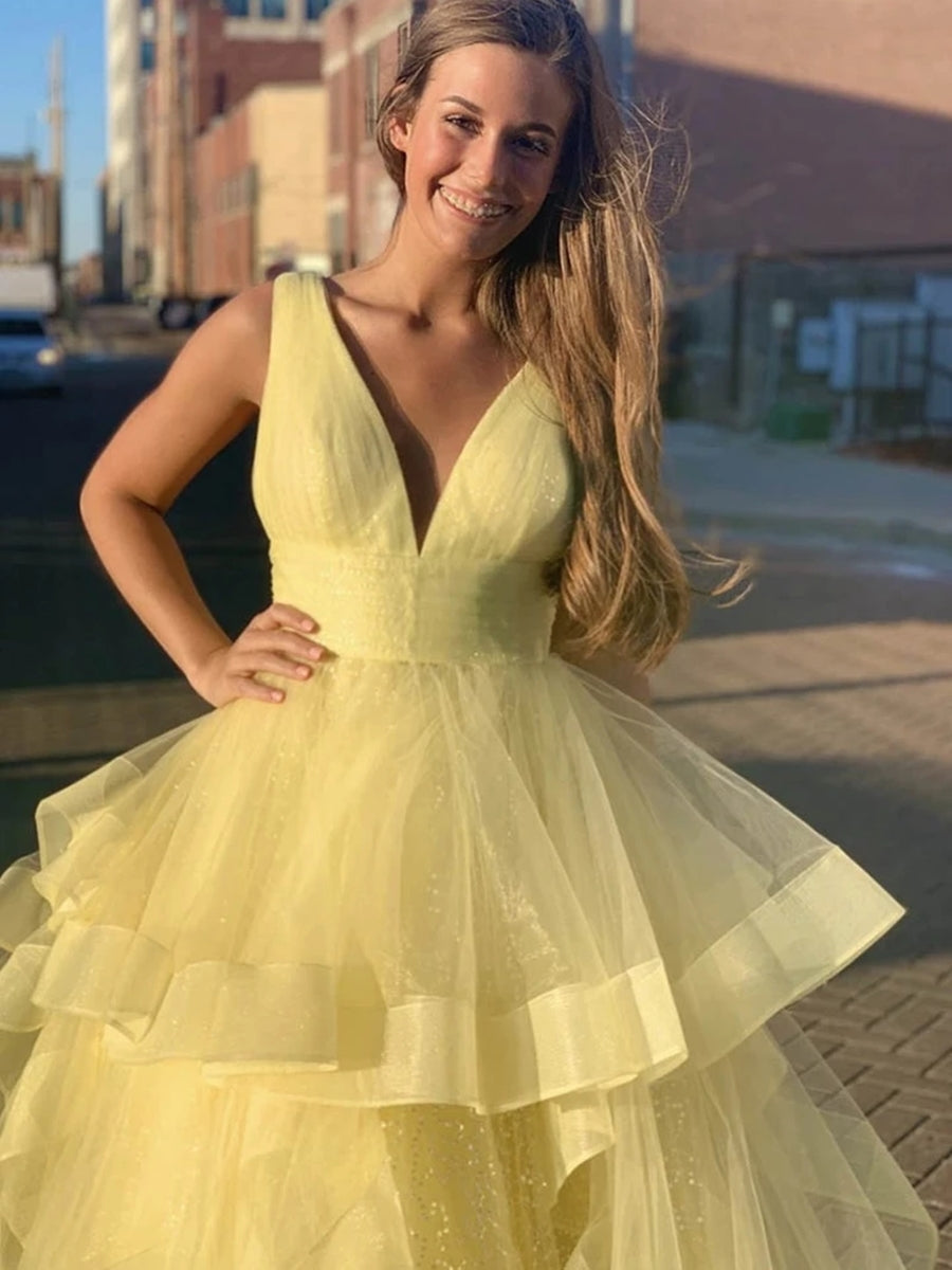 Vestidos de graduación largos de tul esponjoso, amarillo brillante, corte en A, escote en V, para baile de fin de curso.