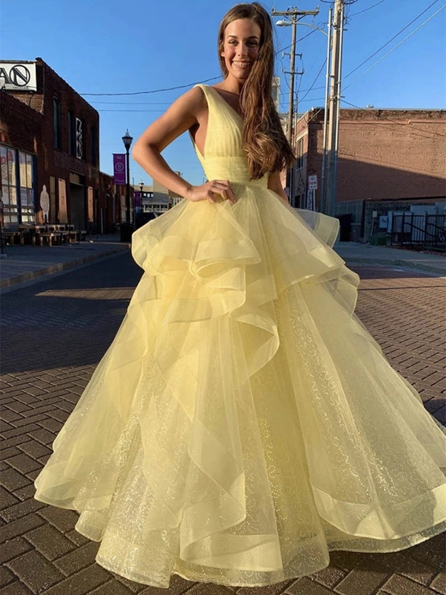 Vestidos de graduación largos de tul esponjoso, amarillo brillante, corte en A, escote en V, para baile de fin de curso.