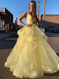 Vestidos de graduación largos de tul esponjoso, amarillo brillante, corte en A, escote en V, para baile de fin de curso.