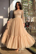 Vestidos de fiesta cortos de tul con lentejuelas, corte barco y mangas, estilo línea A, hasta la rodilla.