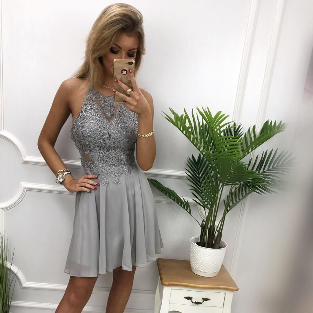 Short A-line Halter Chiffon Lace Prom Formal Homecoming Dresses