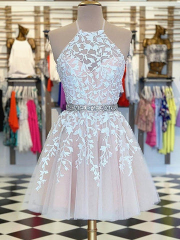 Vestidos cortos de baile de graduación con escote halter, encaje y tul, sin espalda, corte en A.