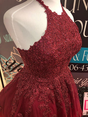Vestidos cortos de fiesta de graduación con escote halter, espalda descubierta, encaje y tul, corte en A.