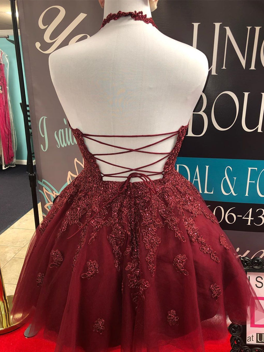 Robes de bal courtes trapèze dos nu en dentelle et tulle, coupe licou, robe de soirée
