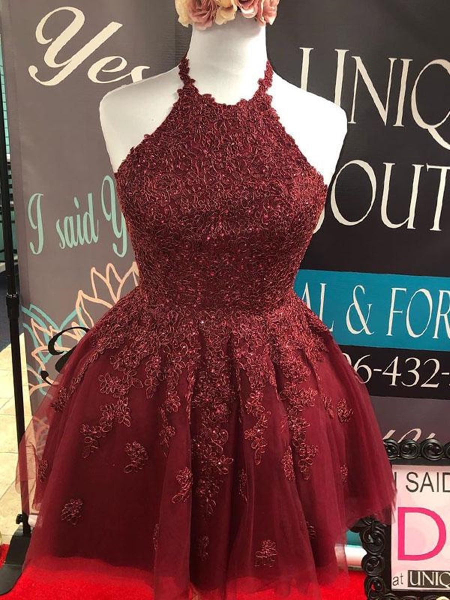 Robes de bal courtes trapèze dos nu en dentelle et tulle, coupe licou, robe de soirée