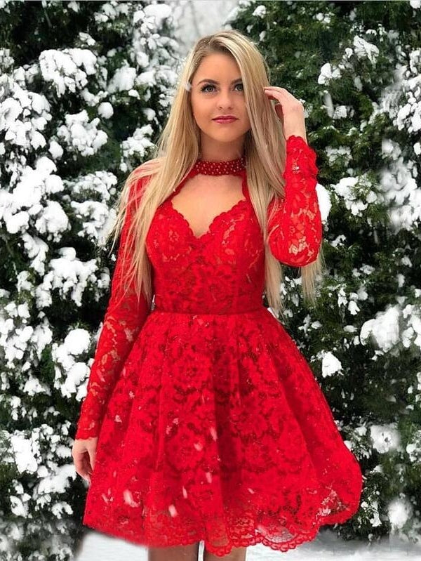 Robe de bal rouge courte en dentelle à manches longues