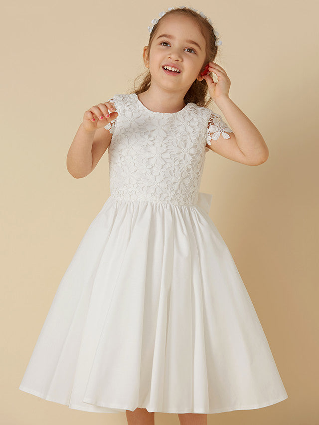 Vestidos cortos de encaje con escote redondo, corte en A, para bodas, primera comunión y niñas de las flores, con mangas.