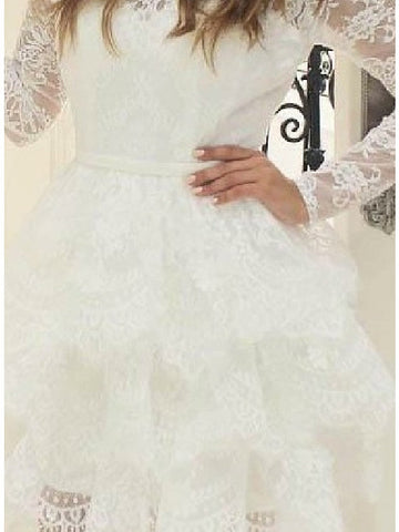 Vestidos de novia cortos de corte A, con encaje, tul, cuello joya y mangas.