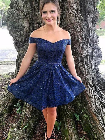 Vestidos cortos de encaje con hombros descubiertos y corte en A para baile de graduación o fiesta formal