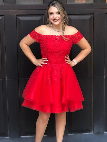 Robe de bal rouge courte trapèze en tulle et dentelle à épaules dénudées