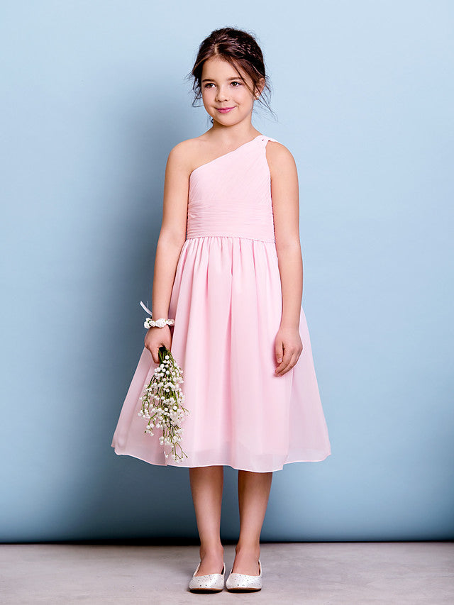 Vestido corto de niña de las flores de corte A con un solo hombro, de gasa, para dama de honor junior.