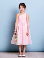 Vestido corto de niña de las flores de corte A con un solo hombro, de gasa, para dama de honor junior.