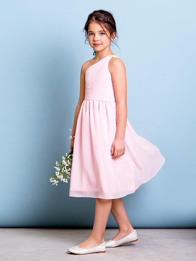Vestido corto de niña de las flores de corte A con un solo hombro, de gasa, para dama de honor junior.