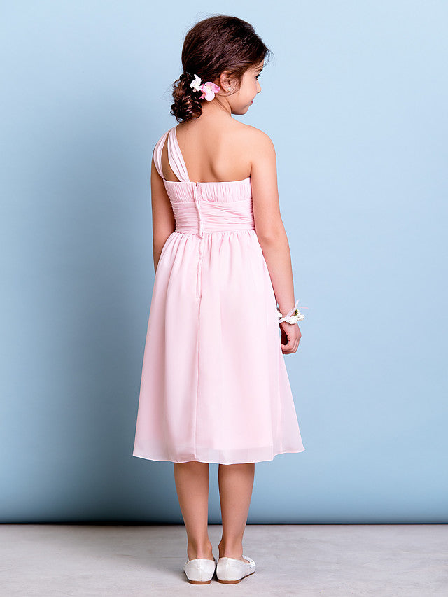 Vestido corto de niña de las flores de corte A con un solo hombro, de gasa, para dama de honor junior.