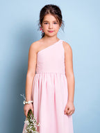 Vestido corto de niña de las flores de corte A con un solo hombro, de gasa, para dama de honor junior.