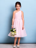 Vestido corto de niña de las flores de corte A con un solo hombro, de gasa, para dama de honor junior.