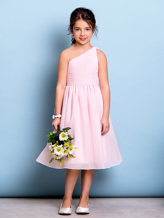 Vestido corto de niña de las flores de corte A con un solo hombro, de gasa, para dama de honor junior.