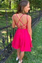 Robes de bal courtes en satin à dos nu et coupe trapèze, robes de soirée fuchsia