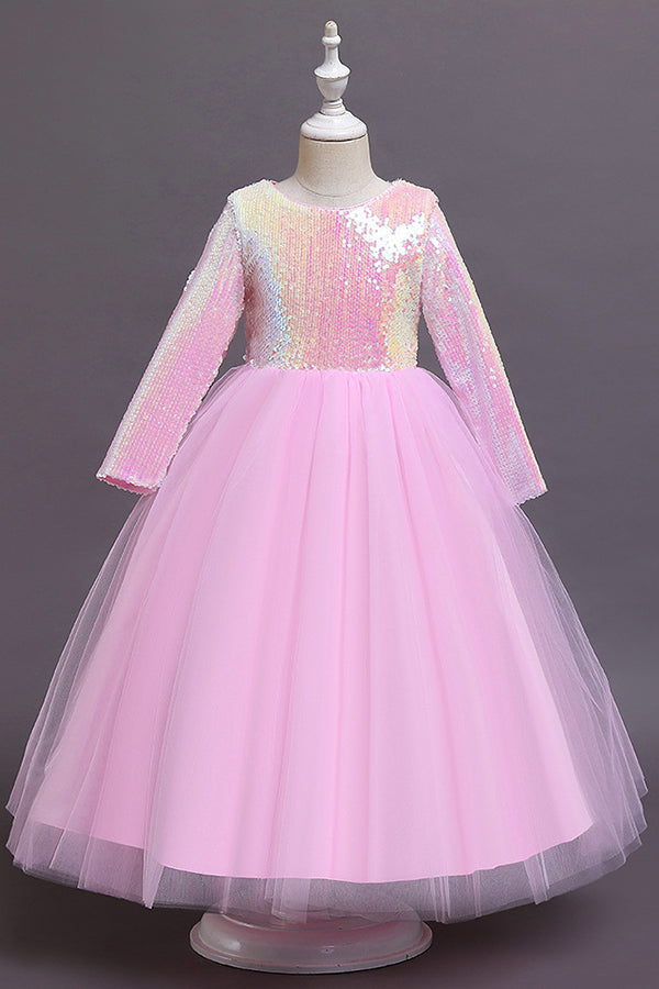 Vestidos cortos de niña de las flores de tul con lentejuelas y corte en A con mangas
