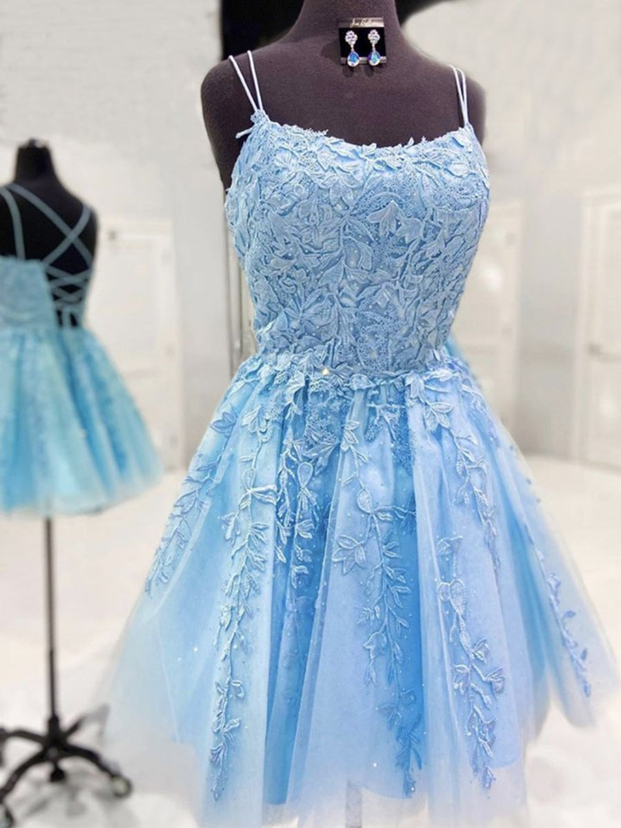 Robes de bal courtes trapèze sans manches en tulle et dentelle dos nu