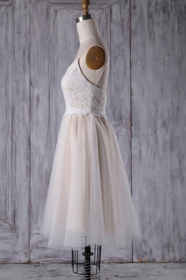 Vestido de novia corto de corte A con tirantes finos y encaje de tul