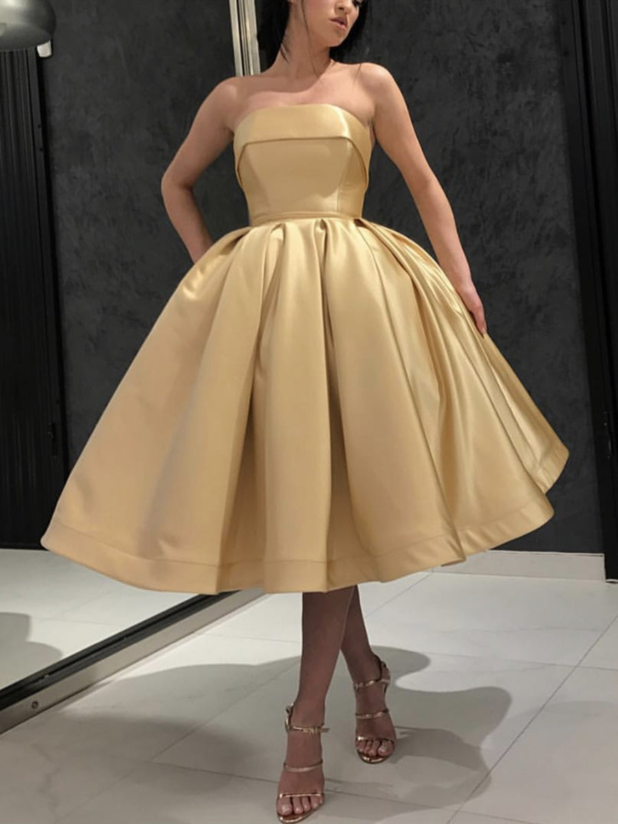Short A-line Strapless Satin Prom Homecoming Dresses Tea Length Formal Gowns
