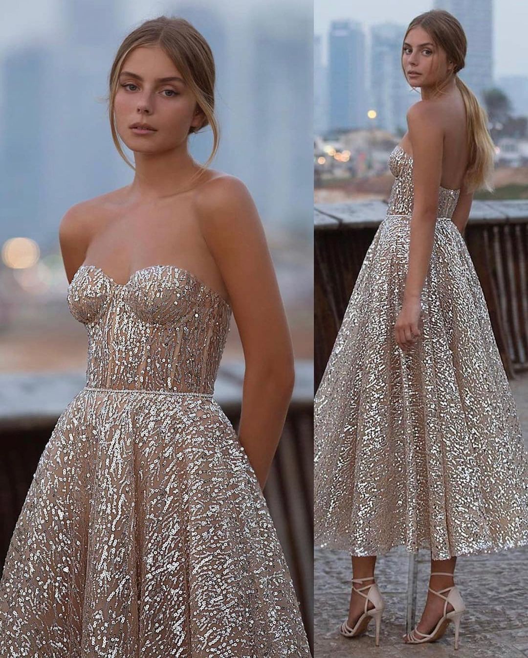 Robe de bal courte trapèze à sequins et dos nu, longueur cheville, décolleté cœur