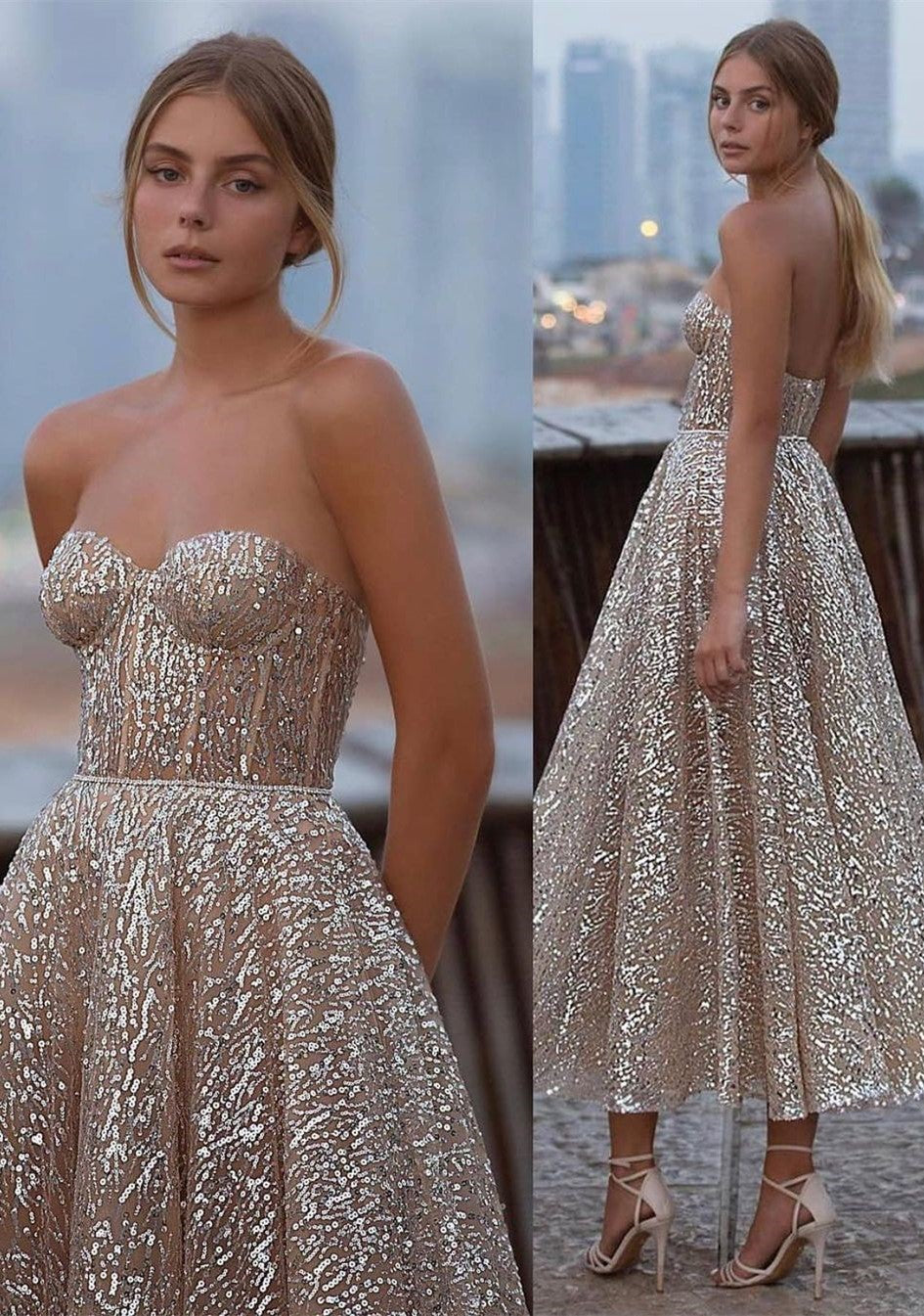 Robe de bal courte trapèze à sequins et dos nu, longueur cheville, décolleté cœur
