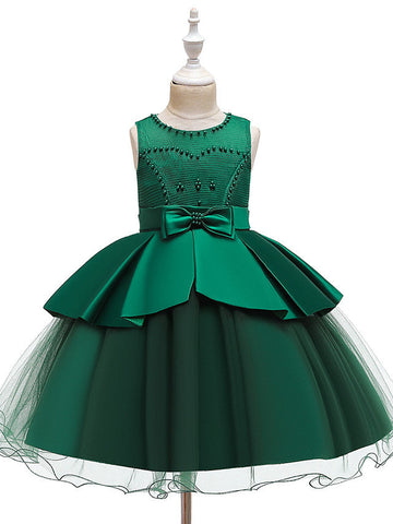 Robes de cérémonie et de communion courtes en tulle satiné et satin, coupe trapèze, col bijou