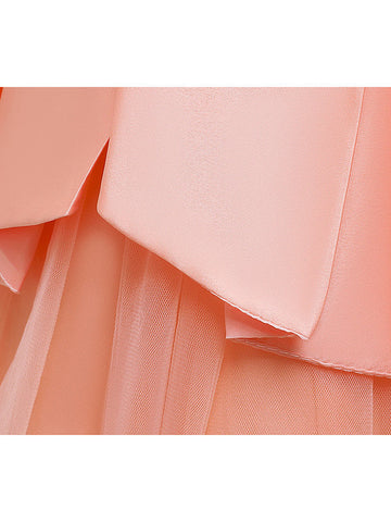 Robes de cérémonie et de communion courtes en tulle satiné et satin, coupe trapèze, col bijou