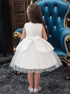 Vestidos cortos de corte A de tul y satén con cuello joya para bodas, fiestas y comuniones