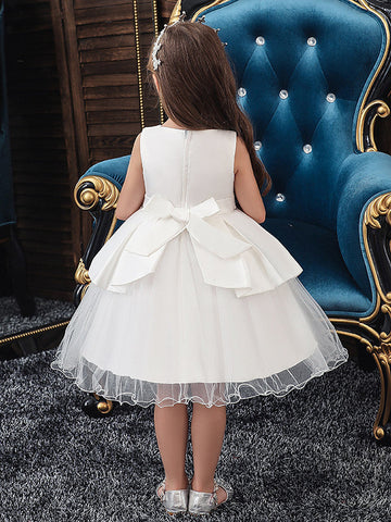 Robes de cérémonie et de communion courtes en tulle satiné et satin, coupe trapèze, col bijou