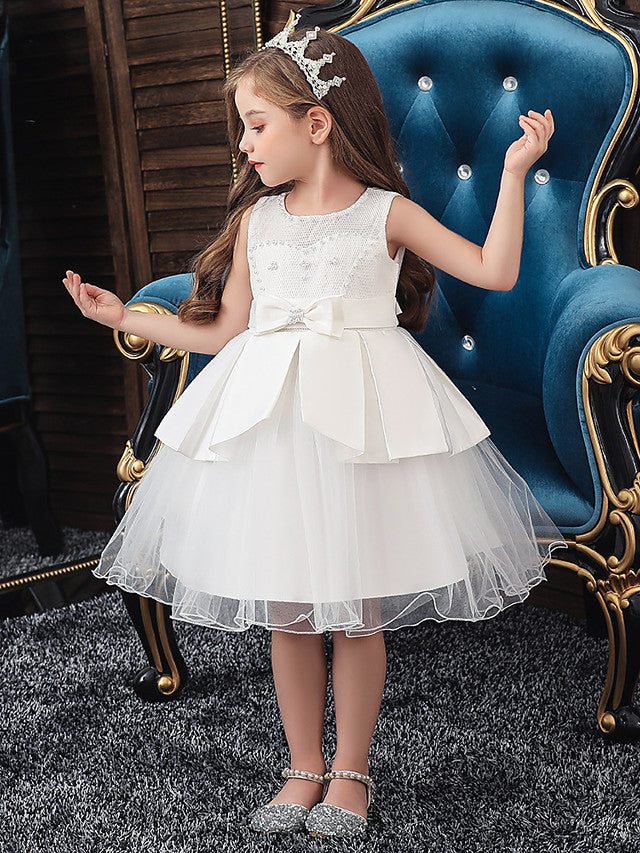 Vestidos cortos de corte A de tul y satén con cuello joya para bodas, fiestas y comuniones