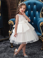 Vestidos cortos de corte A de tul y satén con cuello joya para bodas, fiestas y comuniones
