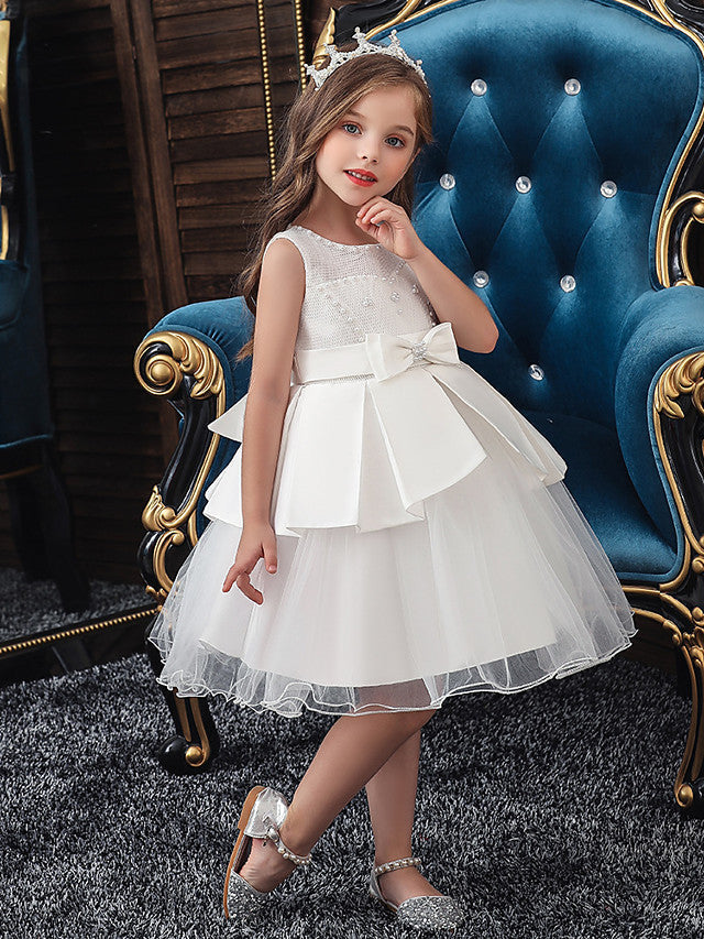 Vestidos cortos de corte A de tul y satén con cuello joya para bodas, fiestas y comuniones
