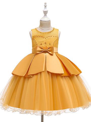 Robes de cérémonie et de communion courtes en tulle satiné et satin, coupe trapèze, col bijou