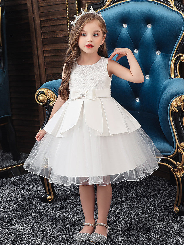 Vestidos cortos de corte A de tul y satén con cuello joya para bodas, fiestas y comuniones