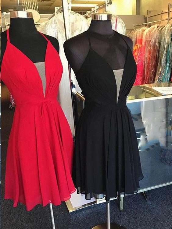 Robe de bal courte trapèze en mousseline dos nu à lacets et col en V