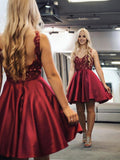 Robes de bal courtes en satin et dentelle à col V et coupe trapèze, robes de soirée bordeaux