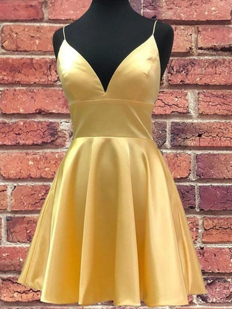 Robe de bal courte en satin à col V et coupe trapèze, robe jaune pour le retour à la maison